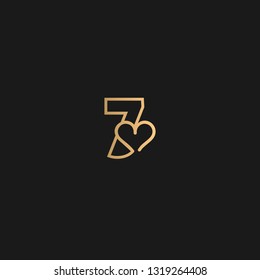 Heart in digit 7. Beautiful vector love logo. The symbol of the union, passion and tender. Golden color on black background. 