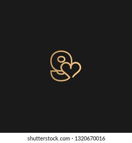 Heart in digit 9. Beautiful vector love logo. The symbol of the union, passion and tender. Golden color on black background. 