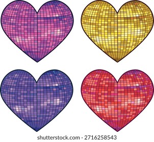 Heart disco ball party vector illustration set