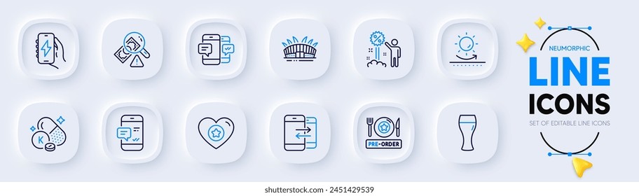 Heart, Discount and Phone communication line icons for web app. Pack of Smartphone notification, Smartphone sms, Beer glass pictogram icons. Pre-order food, Charging app, Vitamin k signs. Vector