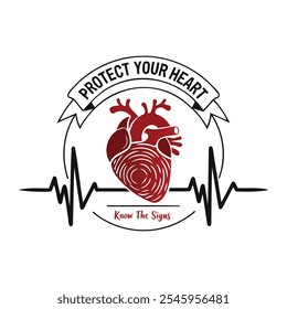 Diseño de la camiseta de la conciencia de la enfermedad cardíaca con corazón único y línea del pulso del EKG