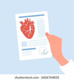 Heart disease concept. Female hand holding result of examine heart. Cardiovascular diseases. Health care and treatment concept. Vector illustration in flat cartoon style.
