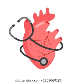 Heart disease concept vector illustration. Heart organ with stethoscope in flat design on white background.