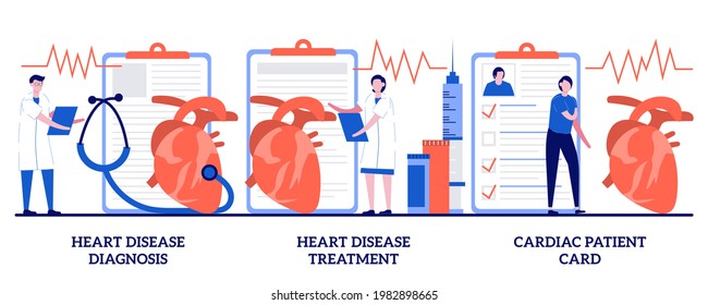 Heart Disease Diagnosis And Treatment, Cardiac Patient Card Concept With Tiny People. Cardiovascular Illness Vector Illustration Set. Heartbeat Rate And Chest Pain, Stress Test, Hospital Metaphor.