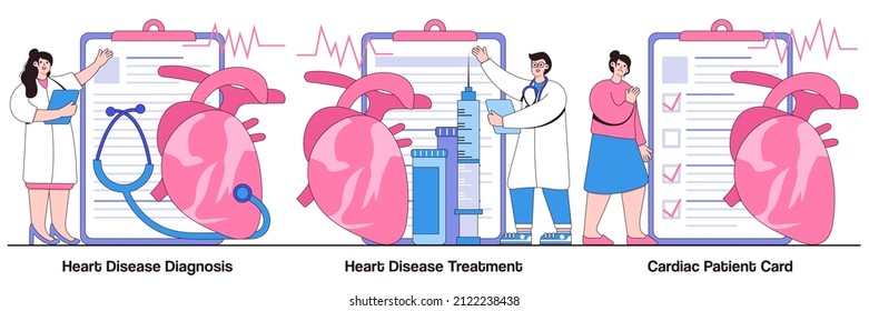 Heart Disease Diagnosis And Treatment, Cardiac Patient Card Concept With People Character. Cardiovascular Illness Vector Illustration Set. Heartbeat Rate, Chest Pain, Stress Test, Hospital Metaphor.