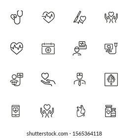 Heart Disease Prevention Line Icon Set. Stethoscope, Surgery, Cardiogram, First Aid Kit. Medicine Concept. Can Be Used For Topics Like Heart Attack, Medical Help, Hospital