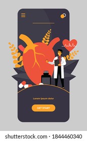 Heart disease research concept. Tiny cardiologist studying big heart model among drugs and heartbeat diagram. Vector illustration for cardiovascular system, cardiology, medical examination topics