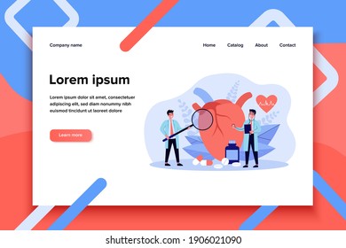 Heart disease research concept. Tiny cardiologist studying big heart model among drugs and heartbeat diagram. Vector illustration for cardiovascular system, cardiology, medical examination topics