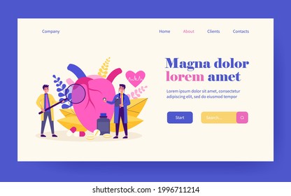Heart disease research concept. Tiny cardiologist studying big heart model among drugs and heartbeat diagram. Vector illustration for cardiovascular system, cardiology, medical examination topics