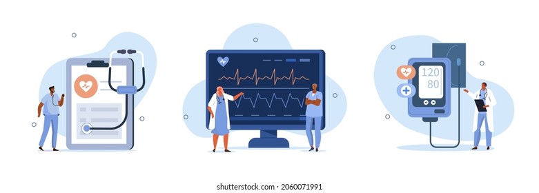 Heart disease screening and diagnostic illustration set. Doctor checks blood pressure and examine cardiogram and pulse on EKG monitor. Healthcare and medicine concept. Vector illustration.