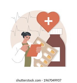Heart disease treatment abstract concept vector illustration. Chest pain, heartbeat problem, patient cure, professional therapy and hospital care, medication and pills abstract metaphor.
