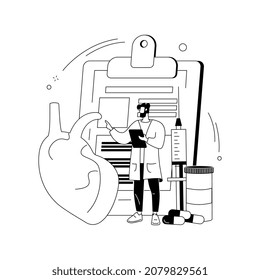 Heart disease treatment abstract concept vector illustration. Chest pain, heartbeat problem, patient cure, professional therapy and hospital care, medication and pills abstract metaphor.