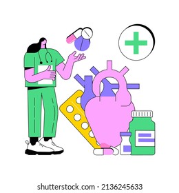 Heart disease treatment abstract concept vector illustration. Chest pain, heartbeat problem, patient cure, professional therapy and hospital care, medication and pills abstract metaphor.