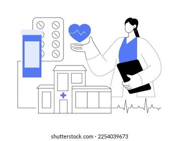 Heart disease treatment abstract concept vector illustration. Chest pain, heartbeat problem, patient cure, professional therapy and hospital care, medication and pills abstract metaphor.