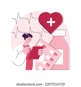 Heart disease treatment abstract concept vector illustration. Chest pain, heartbeat problem, patient cure, professional therapy and hospital care, medication and pills abstract metaphor.