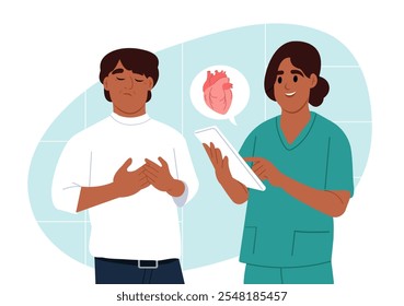 Heart diseases. Complaints of the patient about pain in the chest. Treatment and diagnosis of cardiovascular diseases. A cardiologist is talking to a patient. Vector flat illustration.