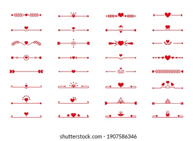 Conjunto de borde de línea roja que divide el corazón. Elemento decorativo de amor gráfico para la página del libro de diseño, tarjeta de invitación a bodas de texto, decoración elegante del certificado para el día de San Valentín Aislado en la ilustración del vector blanco