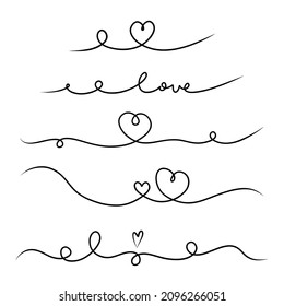 Juego de divisores del corazón. Bordes de líneas de torbellino dibujados a mano, corazones y cartas de amor, valentinas románticas o decoración de bodas, decoración de estilo sencillo vector colección aislada