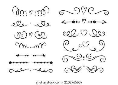 Juego de divisores del corazón. Bordes de líneas de giro dibujados a mano, corazones y cartas de amor, valentinas románticas o decoración de bodas, decoración de estilo sencillo, colección vectorial aislada
