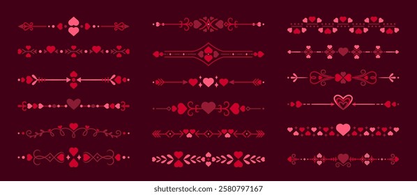 Heart dividers set for Valentine day or love wedding and marriage, vector flourish decorations. Red and pink heart ornaments for frames or dividers and embellishment pattern for Valentine or wedding