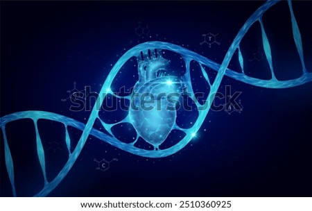 Heart DNA gene cell double helix blue. Genetic synthetic biology combined. Anatomy organ glowing polygonal. Code analysis thymine, adenine, guanine, cytosine. Medical science background vector.
