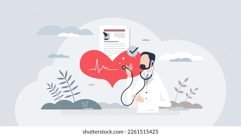 Herzarzt und Kardiologie Beruf für Krankheiten überprüfen winzige Personengruppen Konzept. Diagnostische Untersuchung mit EKG-Test, Puls und Herzschlag, Vektorgrafik. Medizinisches Stethoskop-Hören.