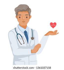 Heart doctor standing and holding the heart icon in red . Professional work and the concept of medical personnel. Vector illustration isolated on a white 