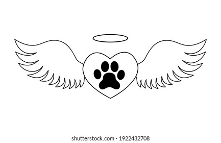 Heart with dogs paw inside with angel wings and halo. Pet death memorial concept. Graphic design for tattoo, tshirt, memory board, tombstone. Vector illustration.