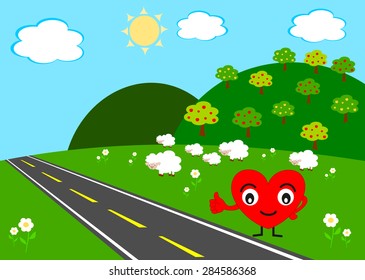 heart doing hitchhiking trying to find real love concept vector cartoon illustration