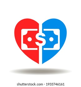 Icono vector de billetes en dólares y corazón. Ilustración de amor y dinero. Símbolo del seguro de salud. Cartel de caridad y donación.