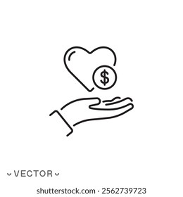 heart with dollar coin icon, hand with love and money, love money, charity or donation concept, thin line symbol isolated on white background, editable stroke eps 10 vector illustration