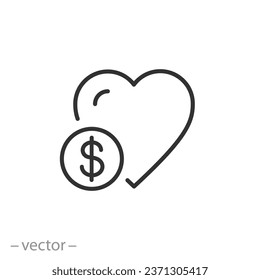 heart with dollar coin icon, love money, charity or donation concept, thin line symbol on white background - vector illustration