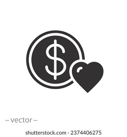 heart with dollar coin icon, love money, charity, donation concept, flat symbol on white background - vector illustration