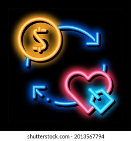 Vector de señal de luz de neón de la moneda del corazón del dólar. Icono brillante símbolo de moneda Heart Dollar. ilustración de símbolo transparente