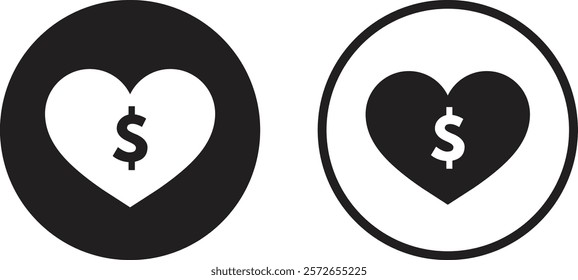 Heart with dollar icon set in two styles . Support with money icon . Donate icon vector	