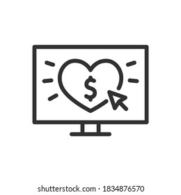 Heart And Dollar Sign On Computer Screen, Linear Icon. Editable Stroke