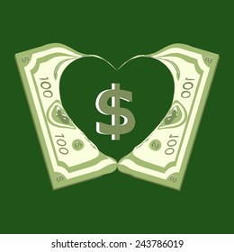 heart of dollars on grenn background