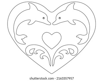 Corazón con delfines y olas de mar - dibujo vectorial con contorno editable. Esquema. Delfines botellas - mamíferos marinos saltando sobre las olas para colorear.