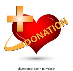 Heart Donation concept. Present by illustration red heart and word donation with cross sign on white background.