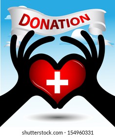 Heart Donation concept. Present by illustration hand in the form of heart and red heart and white cross inside and word donation Isolated on blue sky Background 