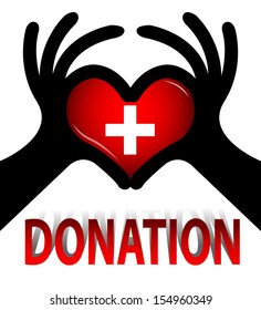 Heart Donation concept. Present by illustration hand in the form of heart and red heart and white cross inside and word donation Isolated on White Background 