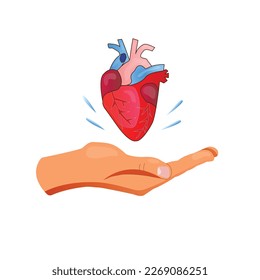 Heart donation flat vector illustration. Give a hand with heart symbol. Donor card of the day. Bioengineering technology to create viable organs for transplantation concept.