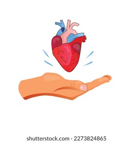 Heart donation flat vector illustration. Give a hand with heart symbol. Donor card of the day. Bioengineering technology to create viable organs for transplantation concept.