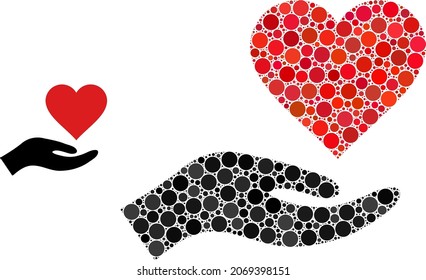 Mosaico vectorial de donación cardíaca de puntos redondos en varios tamaños y colores. Los puntos redondos se organizan en mosaico vectorial de donación de corazón. Concepto de diseño de vector abstracto.