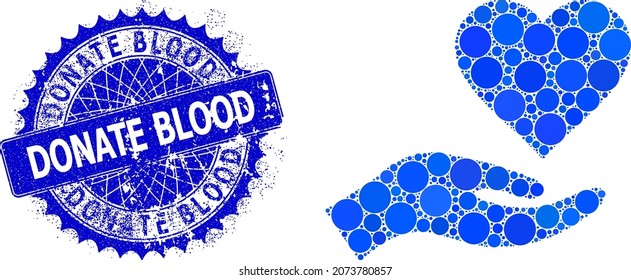 Mosaico vectorial de donación cardíaca de puntos redondos en tamaños variables y tonos de color azul, y estampado de sangre donada en grunge. El sello de rosette azul redondo y agudo incluye la etiqueta de donación de sangre dentro.