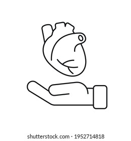 Icono lineal donante de corazón. Donación. Medicina quirúrgica. Ilustración personalizable de línea delgada. Símbolo de contorno. Dibujo de contorno aislado del vector. Trazo editable