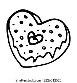 Heart donut doodle style vector illustration isolated on white background. Dessert hand drawn graphic