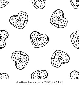 Heart donut doodle vector seamless pattern on white background
