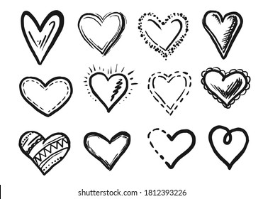 Heart doodle collection. Different hand drawn scribble heart shape doodle icon set isolated on white background. Vector love and romance grunge symbol. Black-and-white sketch collection illustration