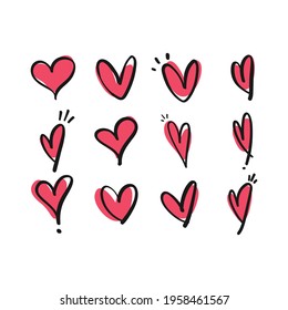 Heart doodle collection. Valentine's day love collection symbols. Hand drawn illustrated hearts.